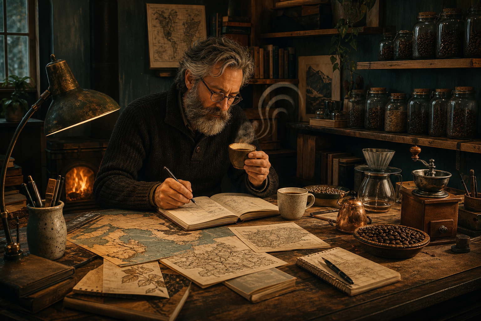 Coffee editor comparing cups and taking notes in a map-filled workshop