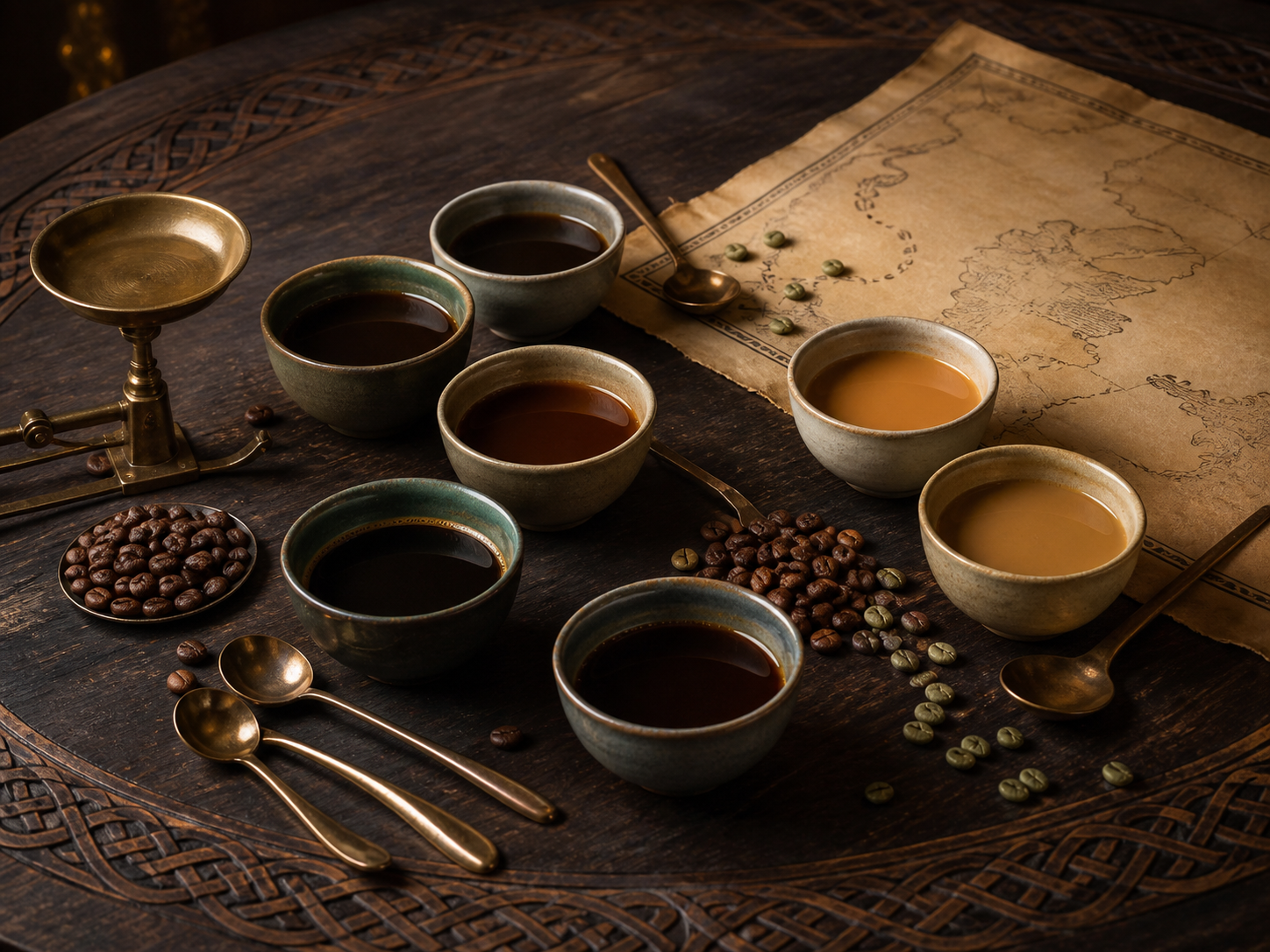 Coffee tasting flight with cups, beans, brass tools, and an origin map on a carved wooden table