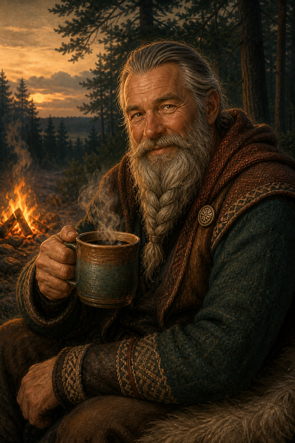 Smiling Viking-inspired coffee enthusiast holding a steaming mug beside a woodland campfire