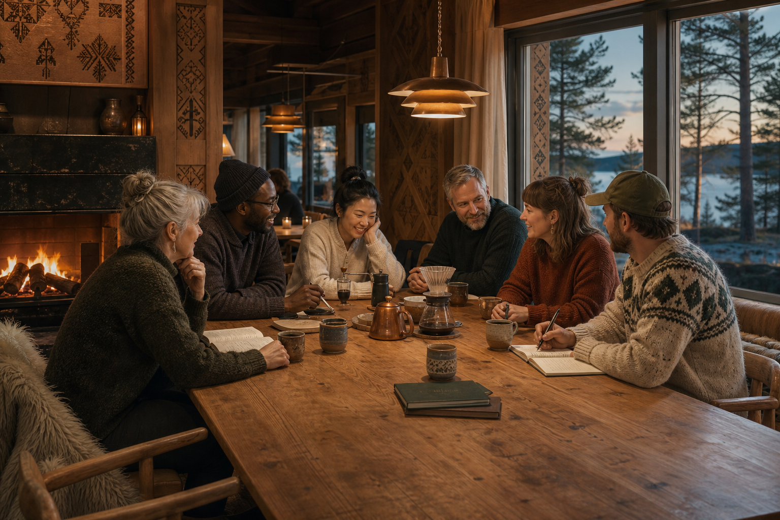 Coffee community members sharing coffee and notes around a welcoming wooden table