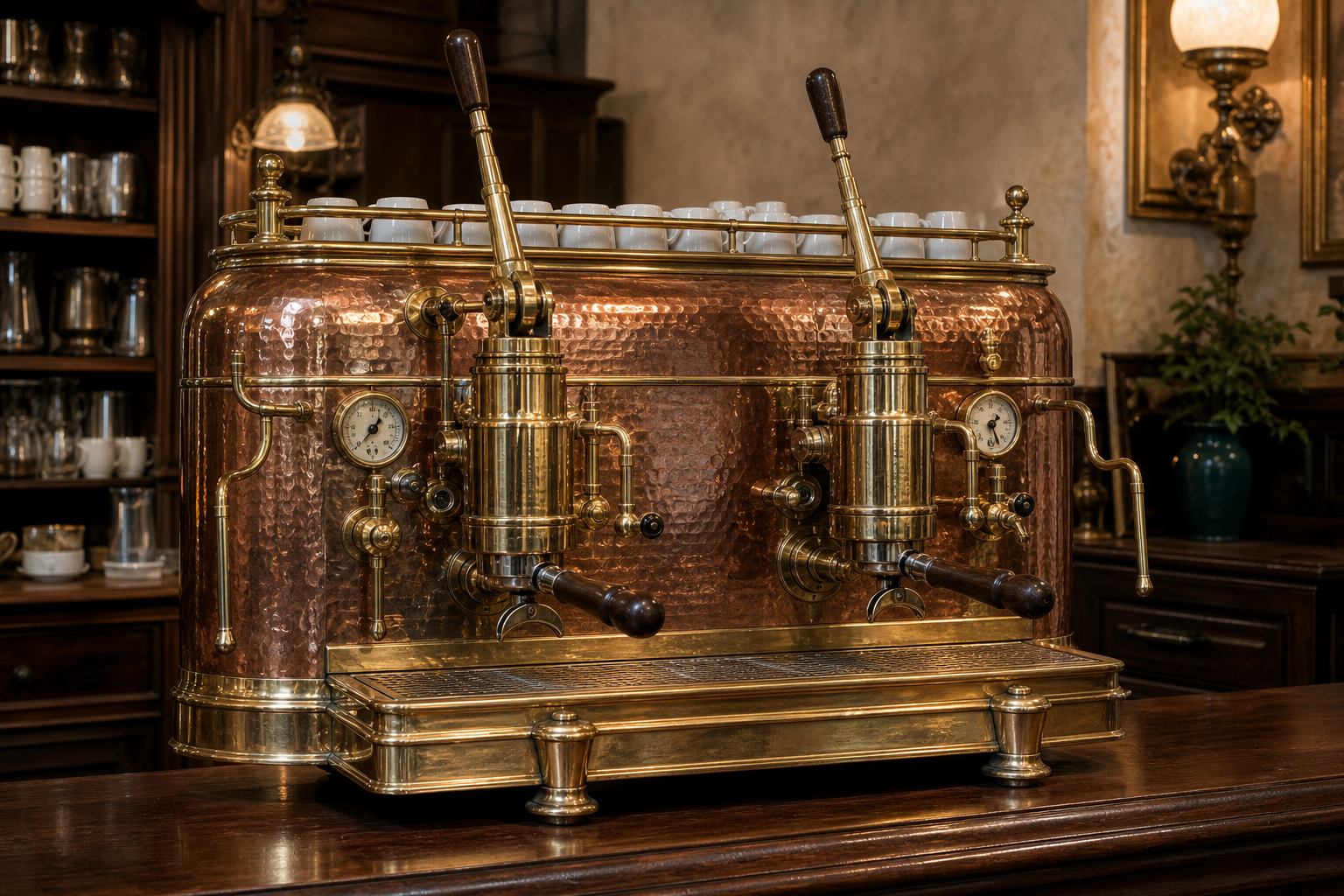 Classic two-group brass and copper lever espresso machine on an old café counter