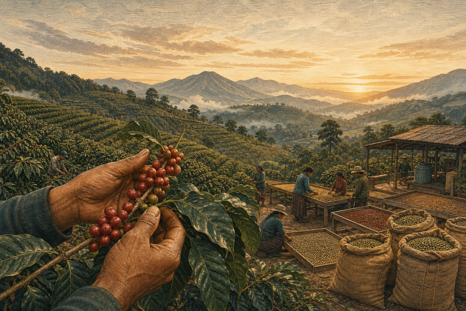Ripe coffee cherries in hand overlooking a highland farm and coffee processing tables