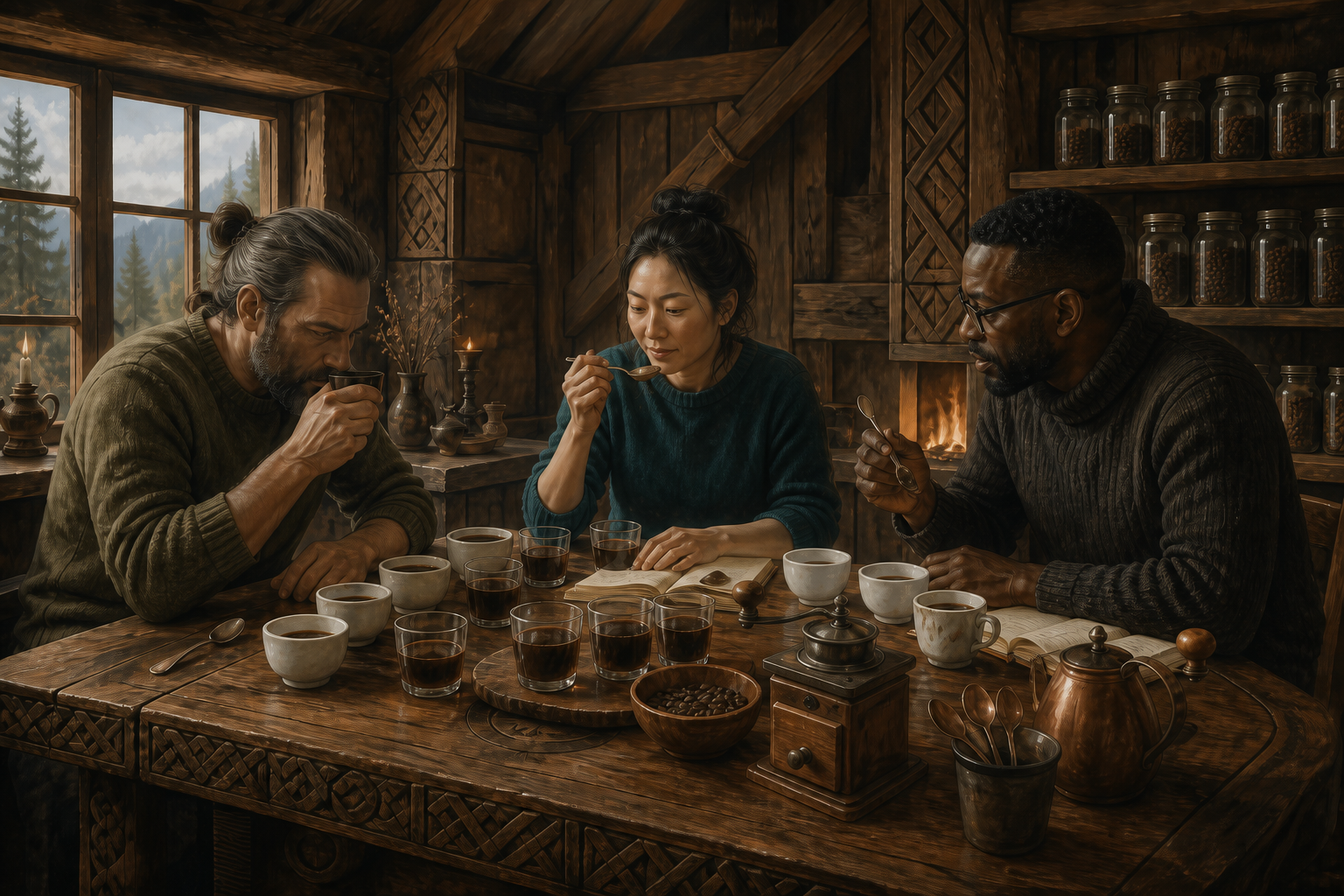Three fictional CoffeeWonk reviewers evaluating coffees around a tasting table