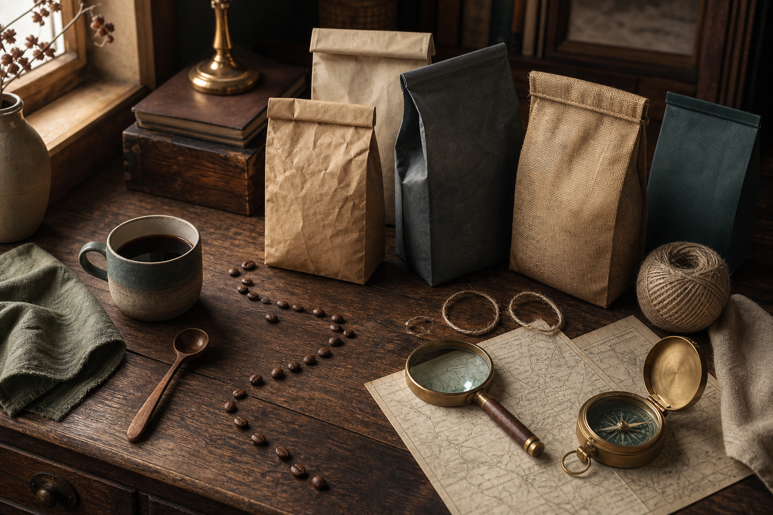 Unbranded coffee bags, mug, compass, and buying guide arranged on a wooden table