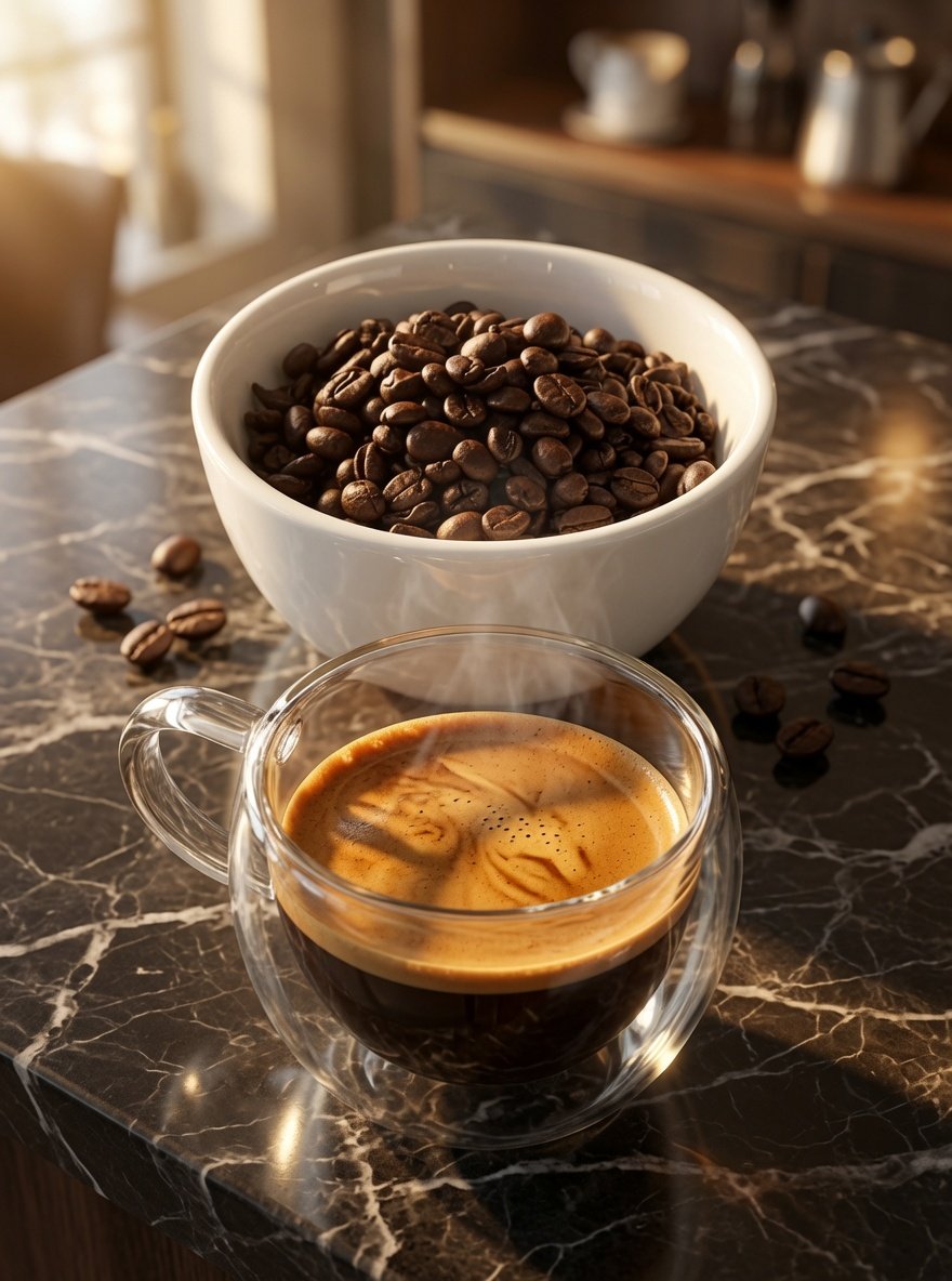 Bag of Lavazza Espresso whole bean coffee next to a scoop of roasted beans